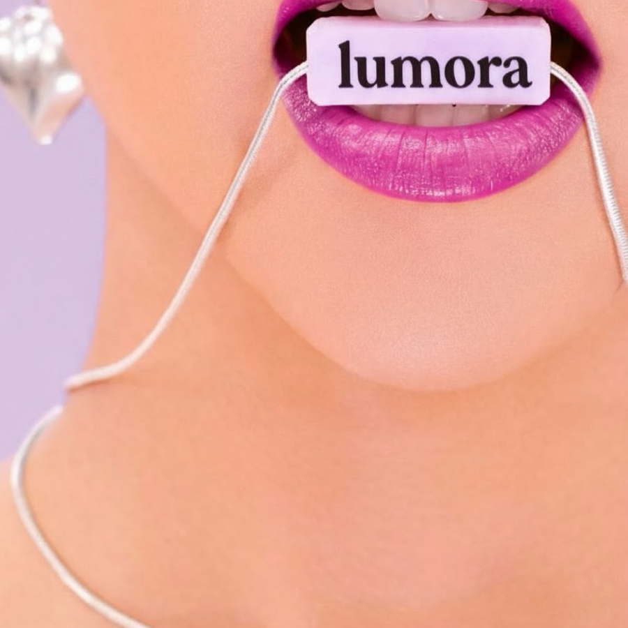 Close-up beauty shot with Lumora branding